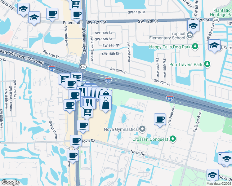 map of restaurants, bars, coffee shops, grocery stores, and more near 7550 West State Road 84 in Davie