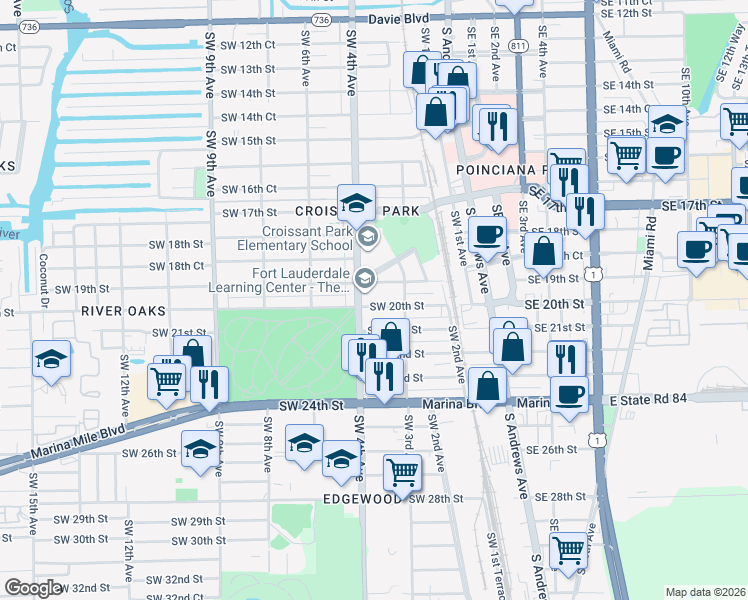 map of restaurants, bars, coffee shops, grocery stores, and more near 1904 Southwest 4th Avenue in Fort Lauderdale