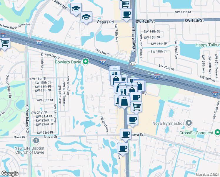 map of restaurants, bars, coffee shops, grocery stores, and more near 1869 South University Drive in Davie