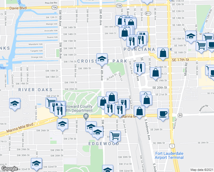 map of restaurants, bars, coffee shops, grocery stores, and more near 1904 Southwest 4th Avenue in Fort Lauderdale
