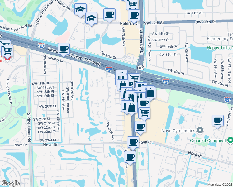 map of restaurants, bars, coffee shops, grocery stores, and more near 1869 South University Drive in Davie