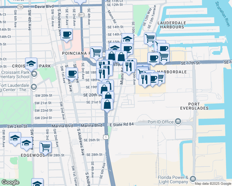 map of restaurants, bars, coffee shops, grocery stores, and more near 1950 S Miami Rd in Fort Lauderdale