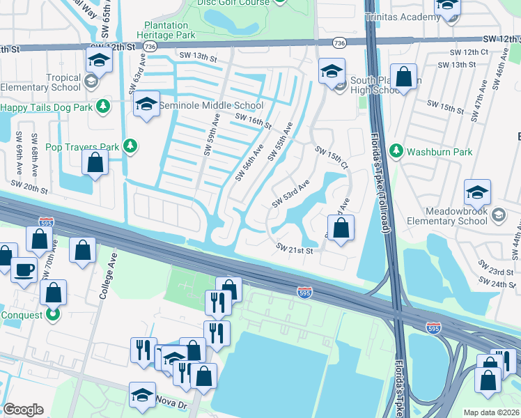 map of restaurants, bars, coffee shops, grocery stores, and more near 5330 Southwest 19th Street in Plantation