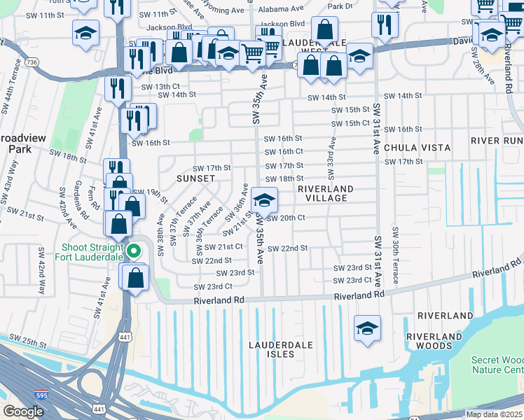 map of restaurants, bars, coffee shops, grocery stores, and more near 3490 Southwest 20th Street in Fort Lauderdale
