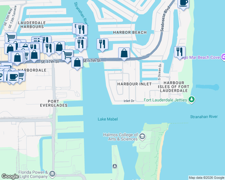 map of restaurants, bars, coffee shops, grocery stores, and more near 1933 Harbourview Drive in Fort Lauderdale
