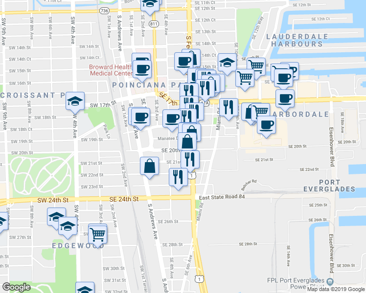 map of restaurants, bars, coffee shops, grocery stores, and more near 504 Southeast 19th Street in Fort Lauderdale