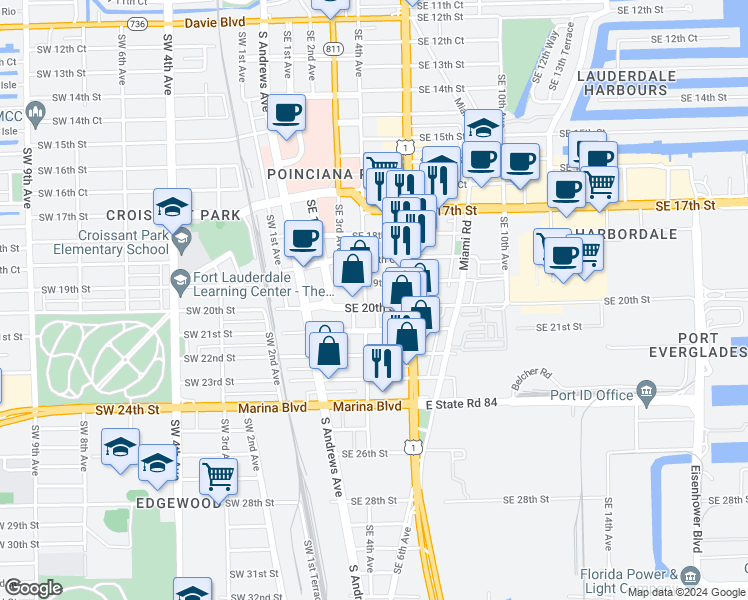 map of restaurants, bars, coffee shops, grocery stores, and more near 1909 Southeast 4th Avenue in Fort Lauderdale