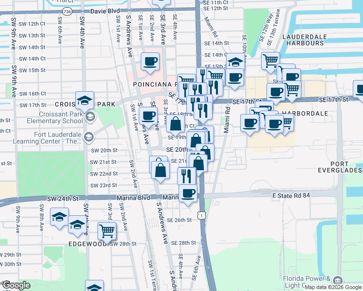 map of restaurants, bars, coffee shops, grocery stores, and more near 1909 Southeast 4th Avenue in Fort Lauderdale