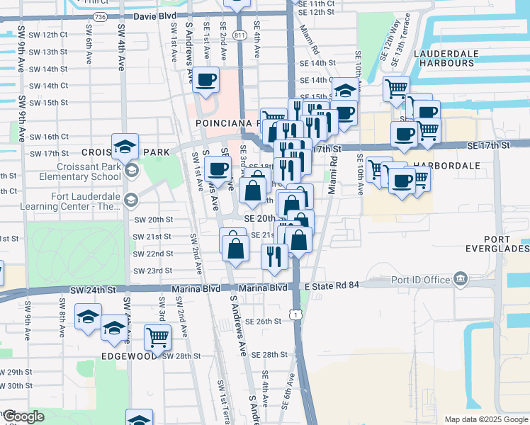 map of restaurants, bars, coffee shops, grocery stores, and more near 1909 Southeast 4th Avenue in Fort Lauderdale