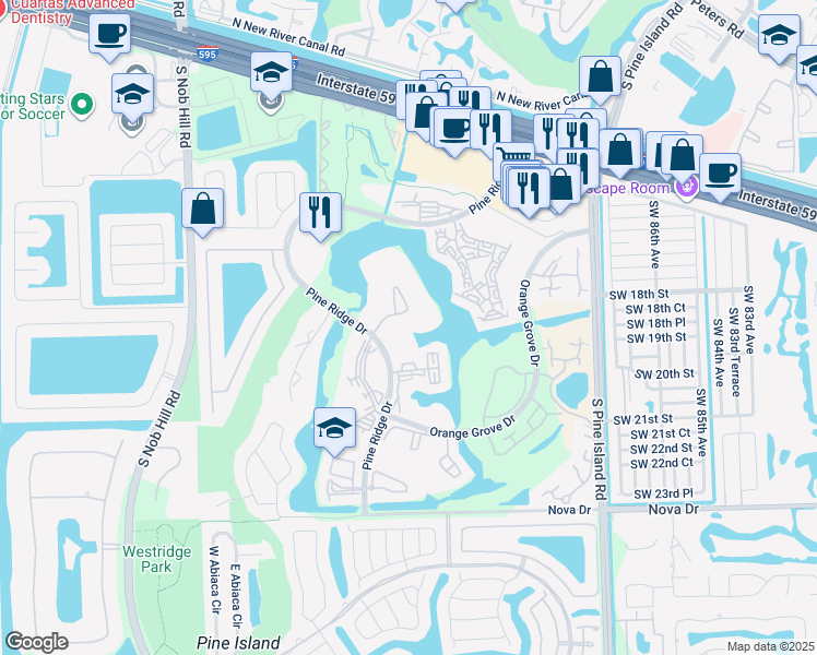map of restaurants, bars, coffee shops, grocery stores, and more near 9420 Poinciana Place in Davie