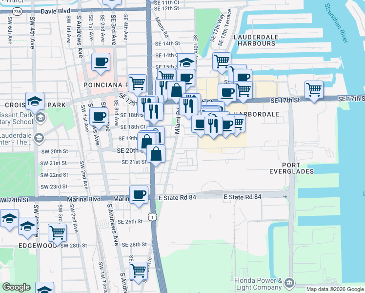 map of restaurants, bars, coffee shops, grocery stores, and more near 1919 Southeast 10th Avenue in Fort Lauderdale