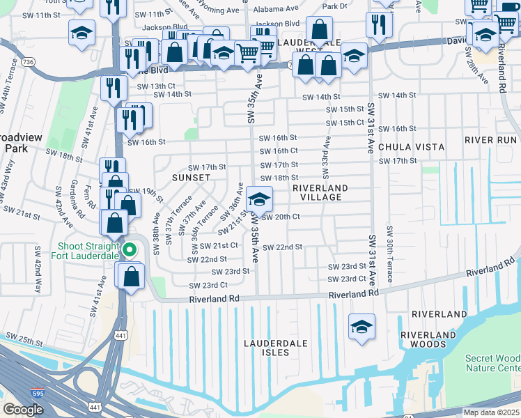 map of restaurants, bars, coffee shops, grocery stores, and more near 3490 Southwest 20th Street in Fort Lauderdale
