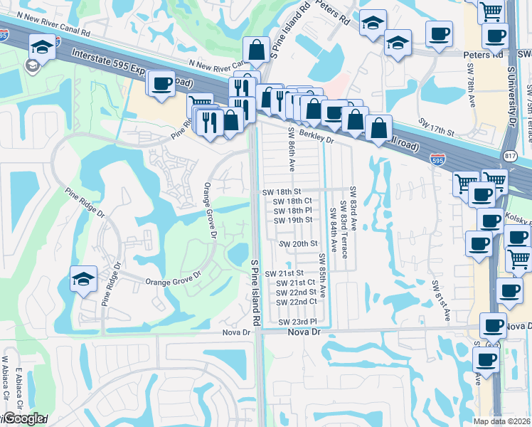 map of restaurants, bars, coffee shops, grocery stores, and more near 1849 Southwest 87th Terrace in Davie