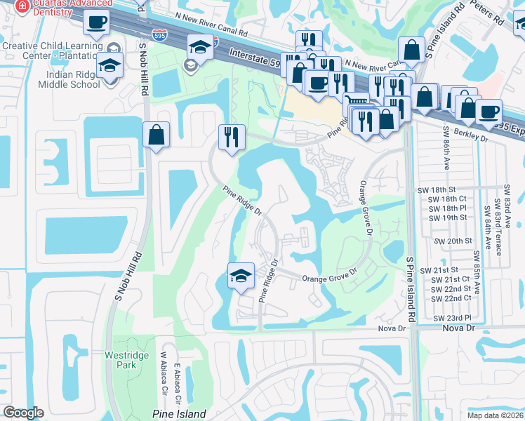 map of restaurants, bars, coffee shops, grocery stores, and more near 9460 Poinciana Place in Davie