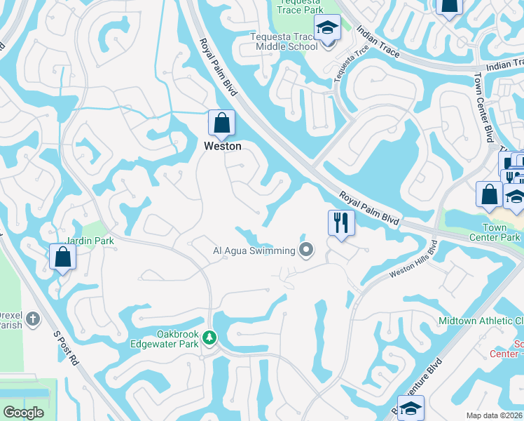 map of restaurants, bars, coffee shops, grocery stores, and more near 2548 Eagle Run Drive in Weston