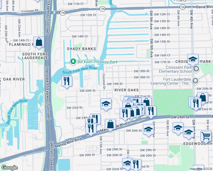 map of restaurants, bars, coffee shops, grocery stores, and more near 1420 Southwest 19th Street in Fort Lauderdale