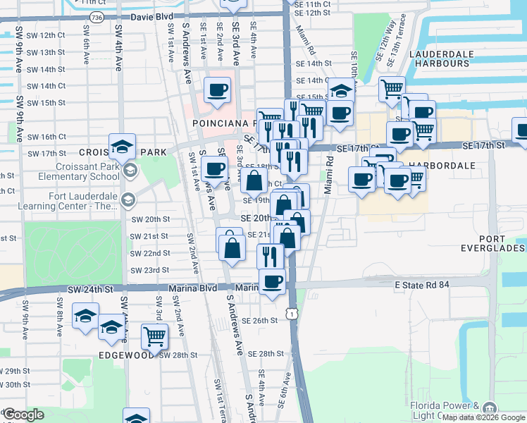 map of restaurants, bars, coffee shops, grocery stores, and more near 1909 Southeast 4th Avenue in Fort Lauderdale