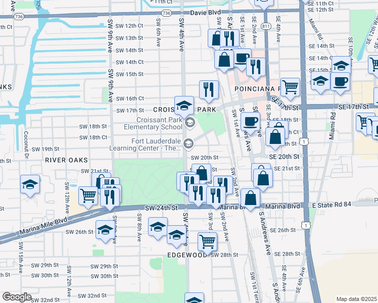 map of restaurants, bars, coffee shops, grocery stores, and more near 1904 Southwest 4th Avenue in Fort Lauderdale