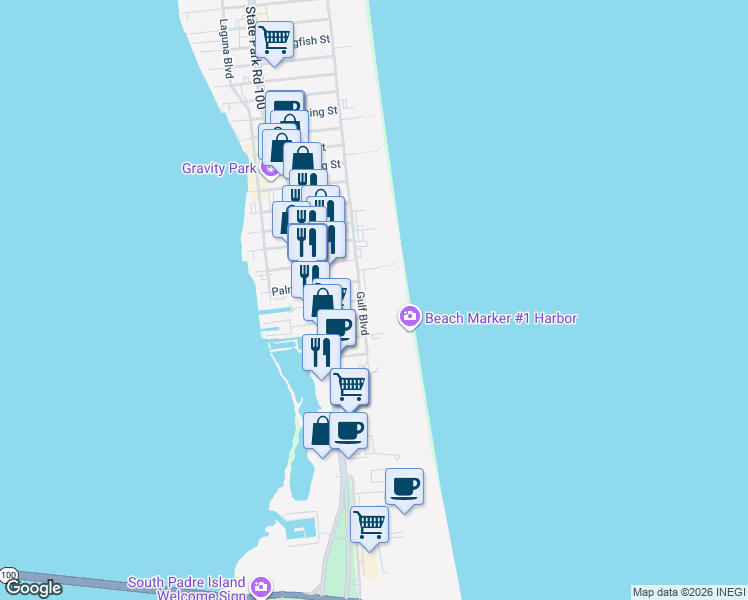 map of restaurants, bars, coffee shops, grocery stores, and more near 1700 Gulf Boulevard in South Padre Island