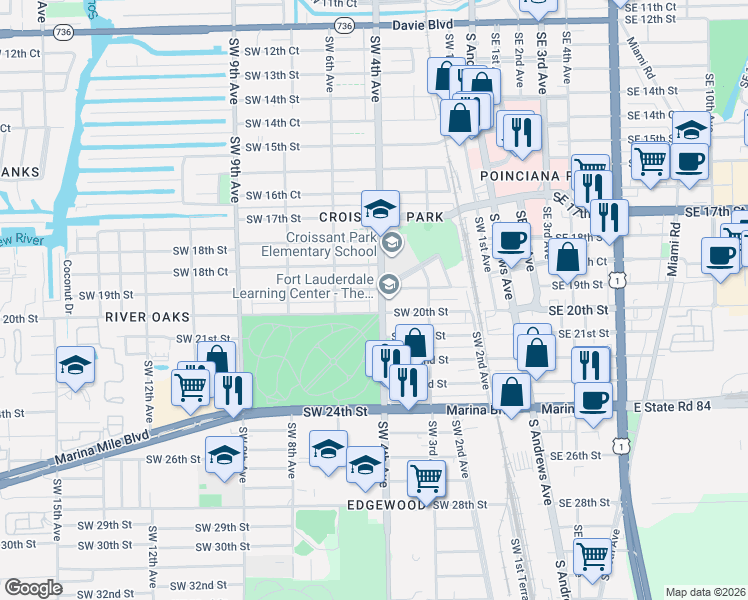 map of restaurants, bars, coffee shops, grocery stores, and more near 1904 Southwest 4th Avenue in Fort Lauderdale