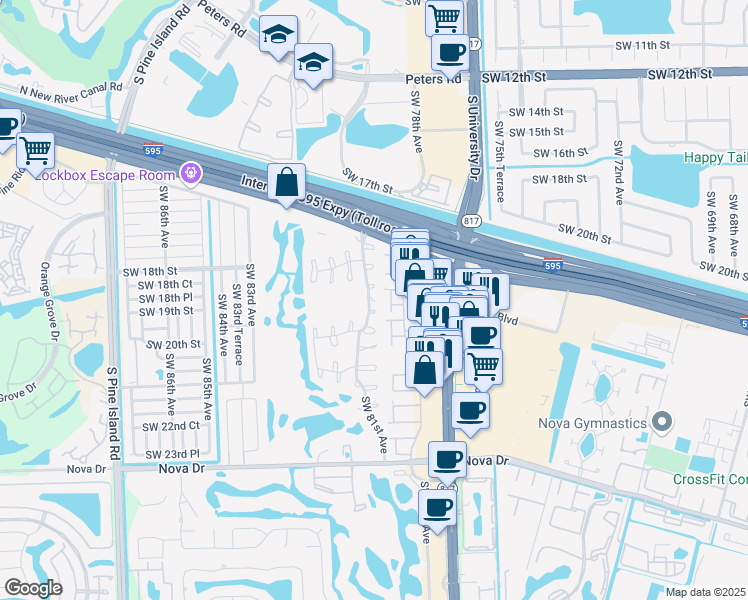 map of restaurants, bars, coffee shops, grocery stores, and more near 1850 Southwest 81st Avenue in Davie