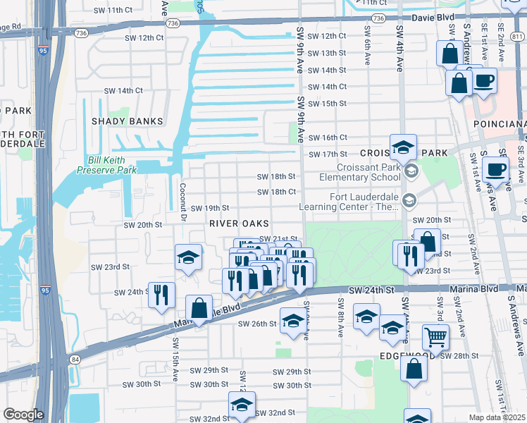 map of restaurants, bars, coffee shops, grocery stores, and more near 1008 Southwest 19th Street in Fort Lauderdale