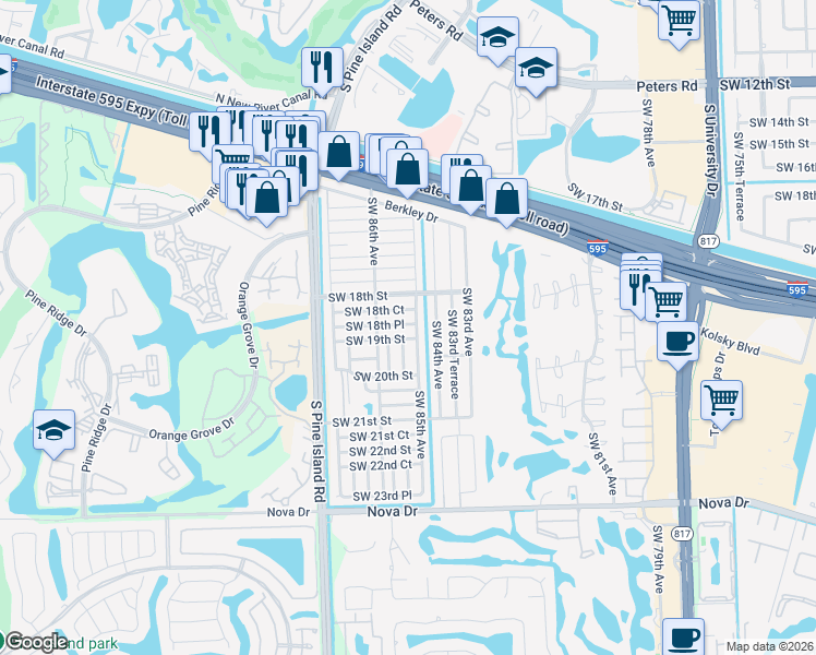 map of restaurants, bars, coffee shops, grocery stores, and more near 8514 Southwest 18th Place in Davie