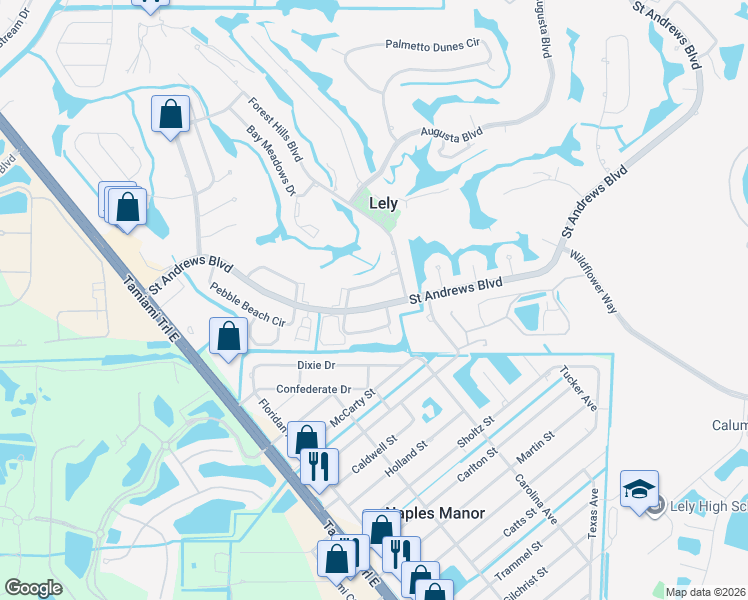 map of restaurants, bars, coffee shops, grocery stores, and more near 361 Saint Andrews Boulevard in Naples
