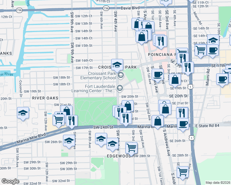map of restaurants, bars, coffee shops, grocery stores, and more near 1904 Southwest 4th Avenue in Fort Lauderdale
