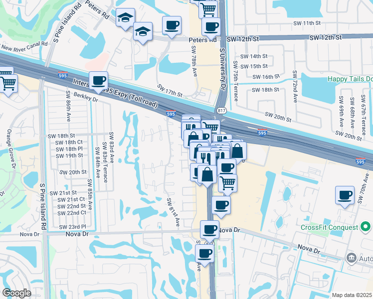 map of restaurants, bars, coffee shops, grocery stores, and more near 1869 South University Drive in Davie
