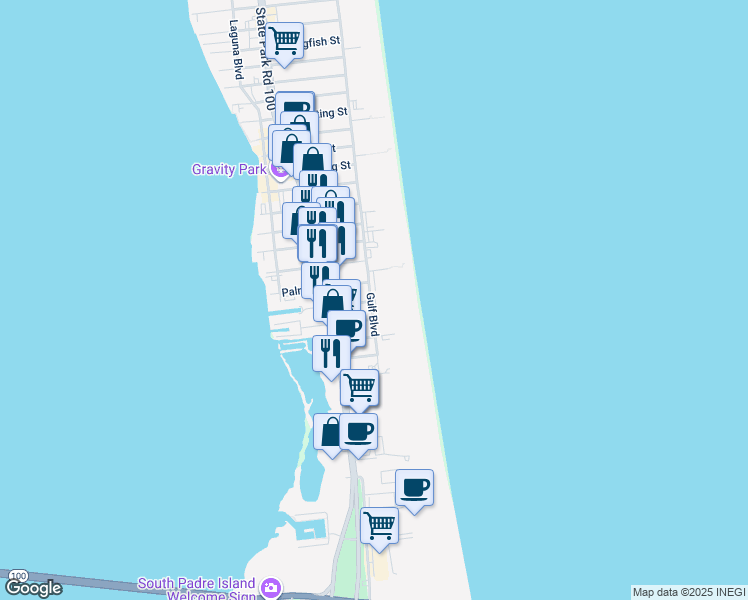 map of restaurants, bars, coffee shops, grocery stores, and more near 1700 Gulf Boulevard in South Padre Island