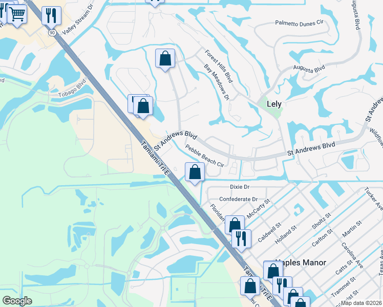 map of restaurants, bars, coffee shops, grocery stores, and more near 164 Pebble Beach Circle in Naples