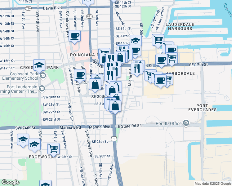 map of restaurants, bars, coffee shops, grocery stores, and more near 605 Southeast 20th Street in Fort Lauderdale
