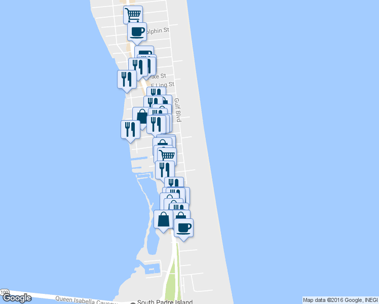 map of restaurants, bars, coffee shops, grocery stores, and more near 1700 Gulf Boulevard in South Padre Island
