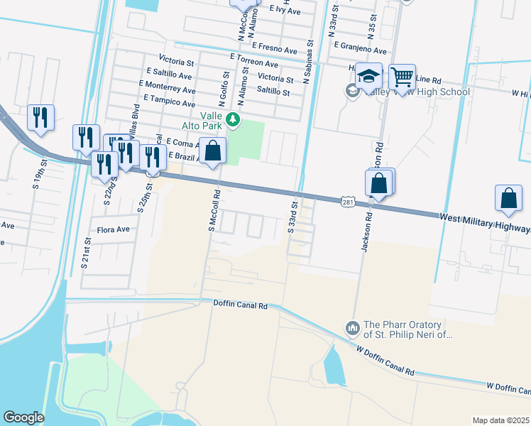 map of restaurants, bars, coffee shops, grocery stores, and more near 3101 East Camelia Avenue in Hidalgo