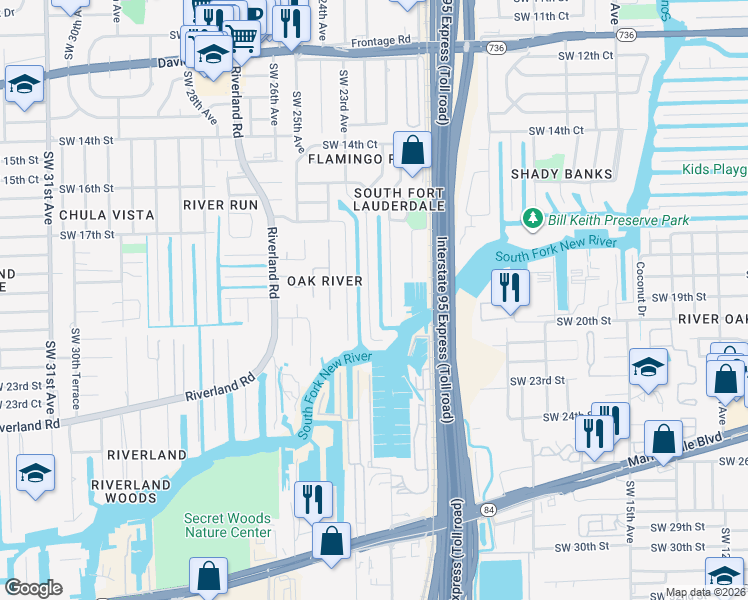 map of restaurants, bars, coffee shops, grocery stores, and more near 2000 Southwest 23rd Avenue in Fort Lauderdale