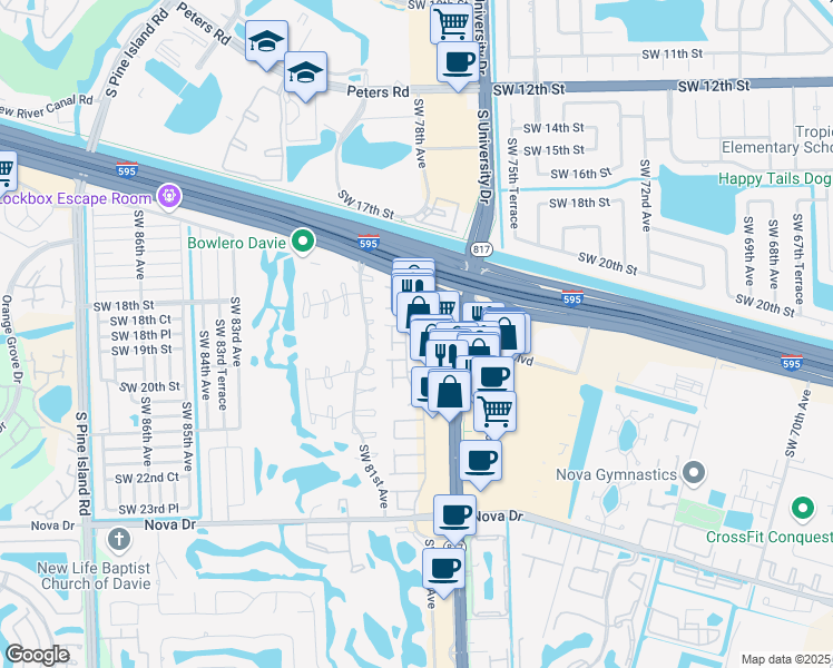 map of restaurants, bars, coffee shops, grocery stores, and more near 1869 South University Drive in Davie