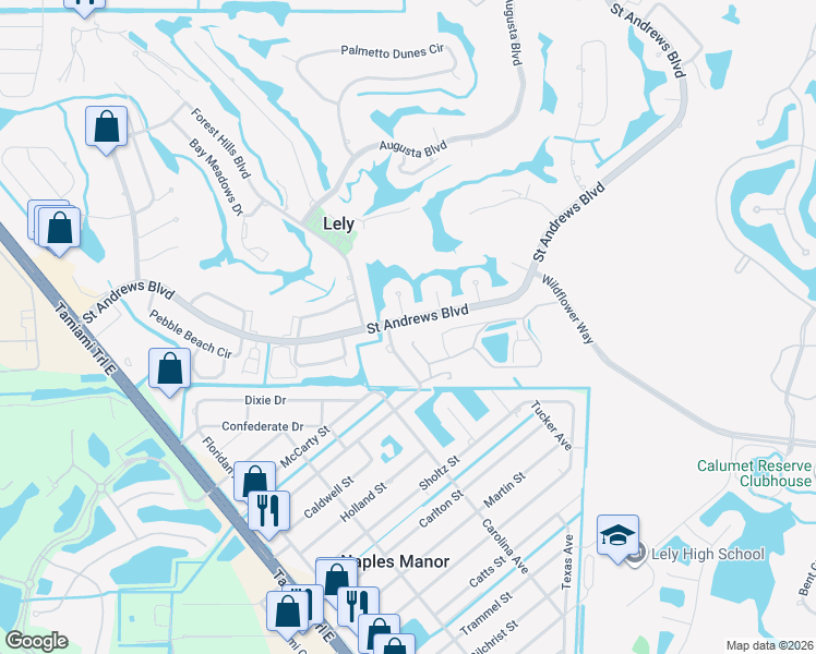 map of restaurants, bars, coffee shops, grocery stores, and more near 422 Saint Andrews Boulevard in Naples