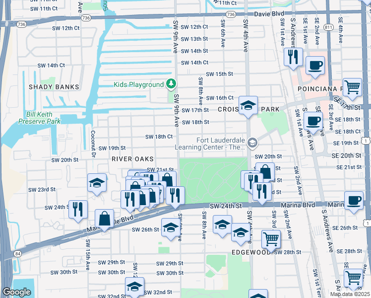 map of restaurants, bars, coffee shops, grocery stores, and more near 828 Southwest 19th Street in Fort Lauderdale