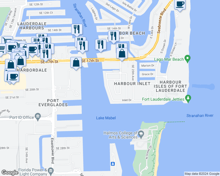 map of restaurants, bars, coffee shops, grocery stores, and more near 1933 Harbourview Drive in Fort Lauderdale