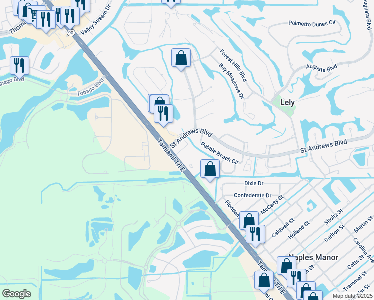 map of restaurants, bars, coffee shops, grocery stores, and more near 136 Pebble Beach Circle in Naples