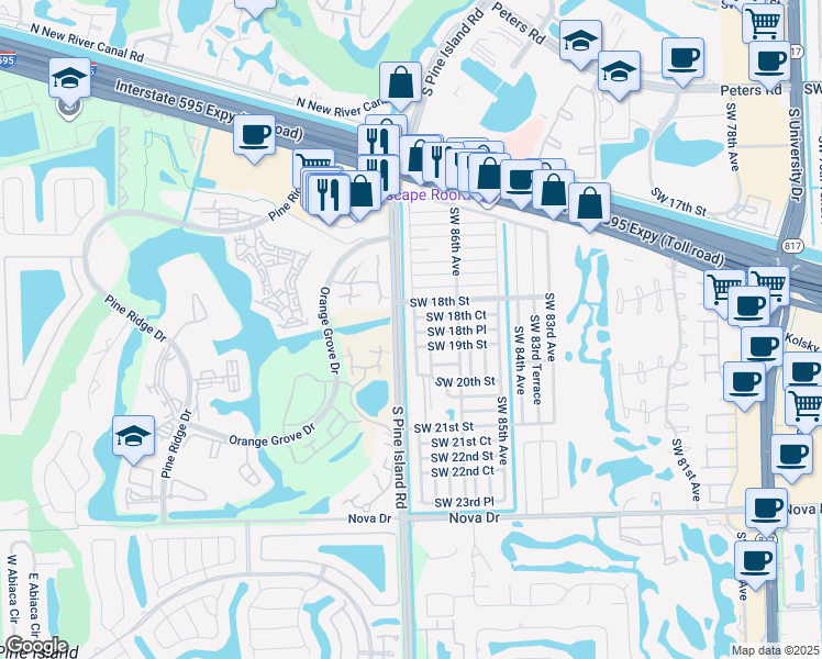 map of restaurants, bars, coffee shops, grocery stores, and more near 1849 Southwest 87th Terrace in Davie