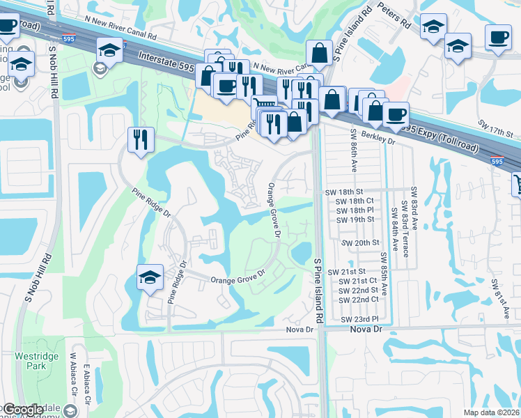 map of restaurants, bars, coffee shops, grocery stores, and more near 1518 Whitehall Drive in Davie