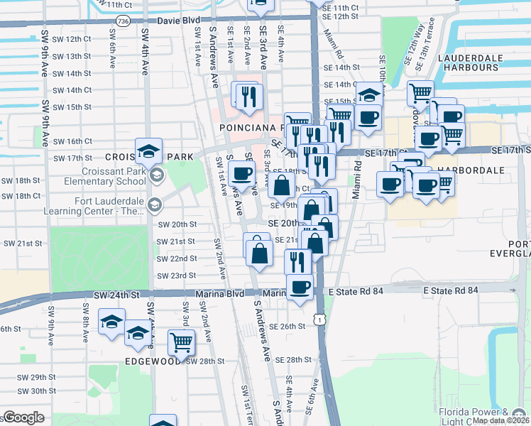 map of restaurants, bars, coffee shops, grocery stores, and more near 1905 Southeast 1st Avenue in Fort Lauderdale