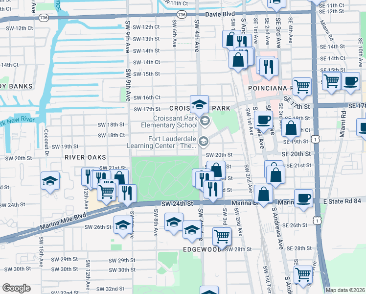 map of restaurants, bars, coffee shops, grocery stores, and more near 500 Southwest 19th Street in Fort Lauderdale