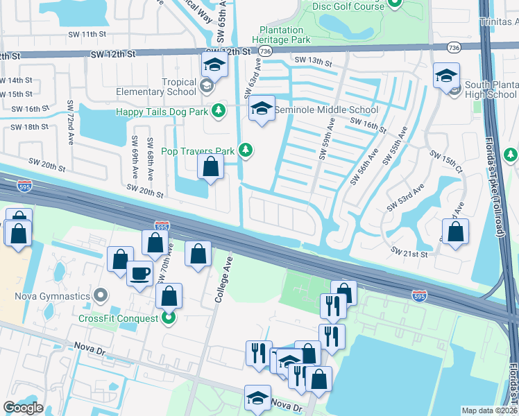 map of restaurants, bars, coffee shops, grocery stores, and more near 2031 Southwest 62nd Avenue in Plantation