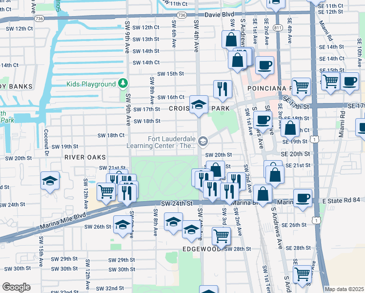 map of restaurants, bars, coffee shops, grocery stores, and more near 500 Southwest 19th Street in Fort Lauderdale