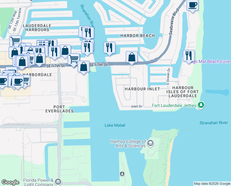 map of restaurants, bars, coffee shops, grocery stores, and more near 1933 Harbourview Drive in Fort Lauderdale
