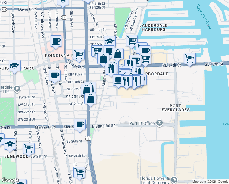 map of restaurants, bars, coffee shops, grocery stores, and more near 7 Southeast 10th Avenue in Fort Lauderdale