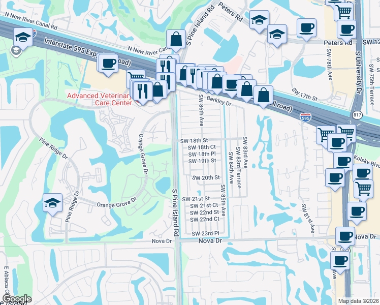map of restaurants, bars, coffee shops, grocery stores, and more near 8661 Southwest 18th Place in Davie